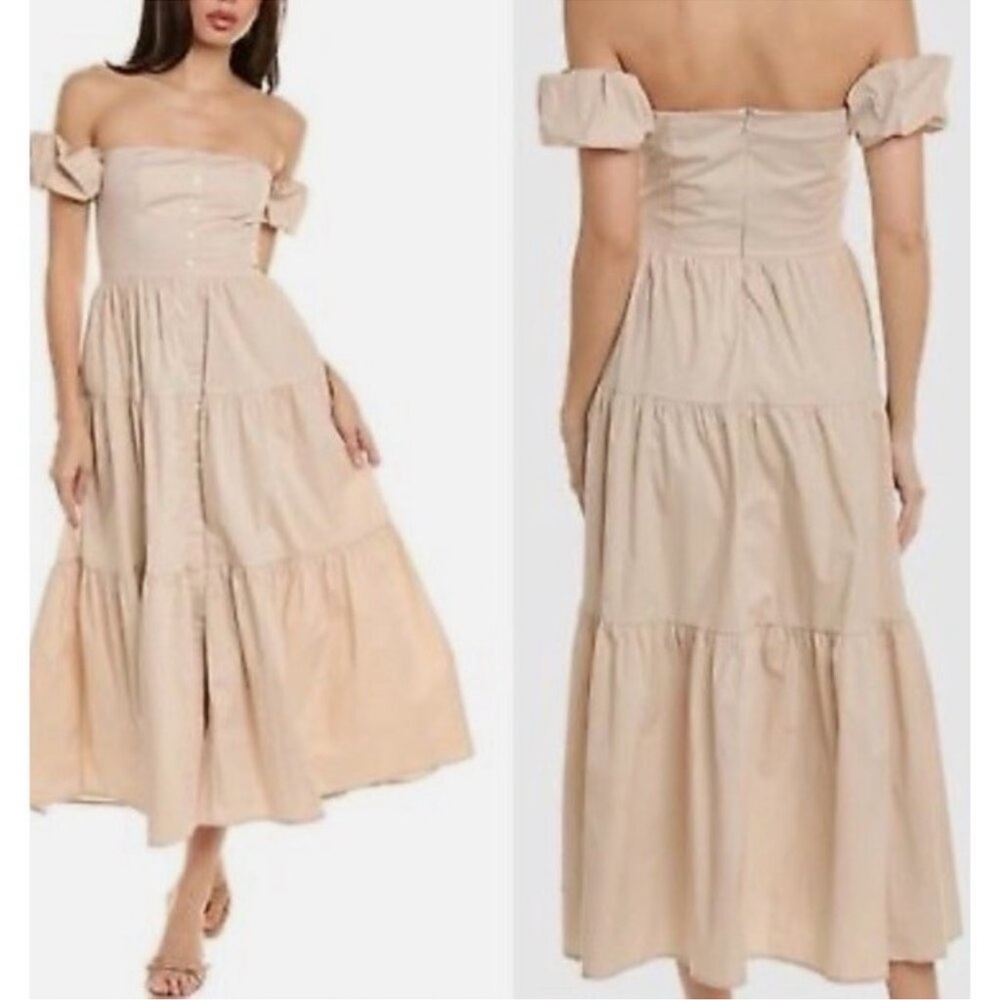 Staud Elio Off Shoulder Linen Blend Tiered Dress Beige / Khaki / Tan